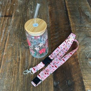 Hand painted floral glass with straw / lanyard chain